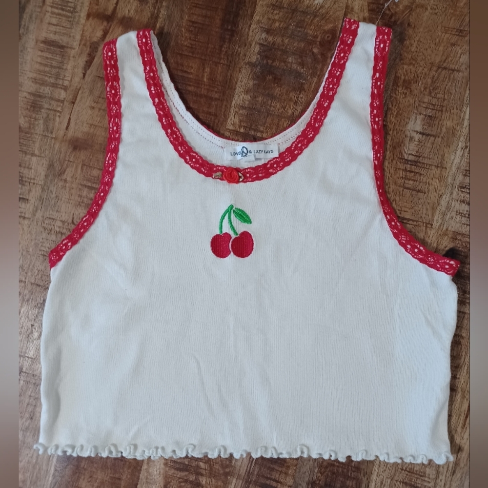 Love & Lazy Days Cream Tank Top with Red Trim and Cherry Embroidery